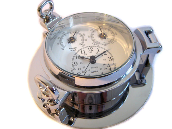 Uhr, Thermo- & Hygrometer-Bullauge, massiv Messing, verchromt
