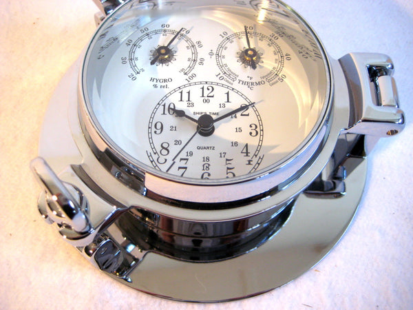 Uhr, Thermo- & Hygrometer-Bullauge, massiv Messing, verchromt