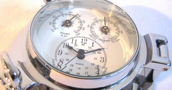 Uhr, Thermo- & Hygrometer-Bullauge, massiv Messing, verchromt