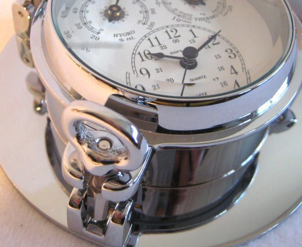 Uhr, Thermo- & Hygrometer-Bullauge, massiv Messing, verchromt