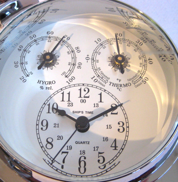 Uhr, Thermo- & Hygrometer-Bullauge, massiv Messing, verchromt