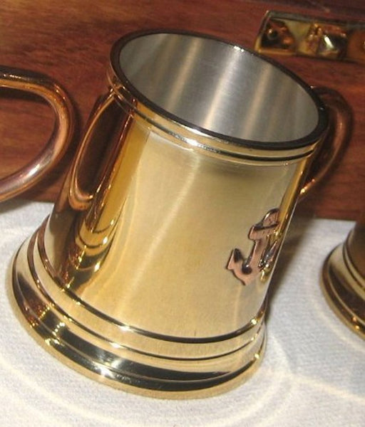 Caja de madera con 4 copas de ron/aguardiente de latón/cobre - plateada