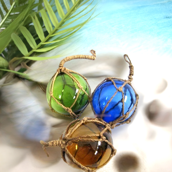 3 x bolas de pesca grandes en una red - azul, verde, ámbar (marrón) - 15 cm 