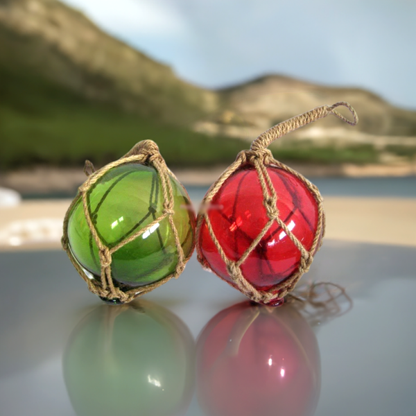 2 x bolas de pesca en red - rojo y verde - decoración marítima - 17,5 cm 