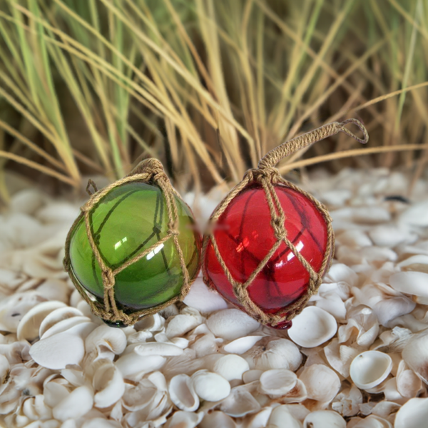 2 x bolas de pesca en red - rojo y verde - decoración marítima - 7,5 cm 