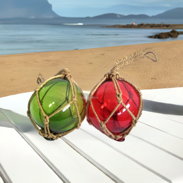 2 x bolas de pesca en red - rojo y verde - decoración marítima - 17,5 cm 