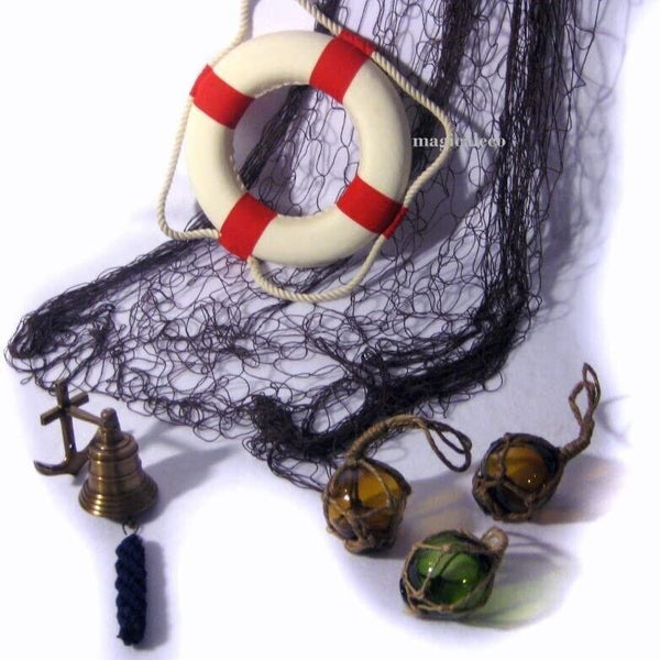Juego de 6 pequeñas bolas de pesca marítimas de 7,5 cm, campana de barco, red de pesca 2x 1 m 