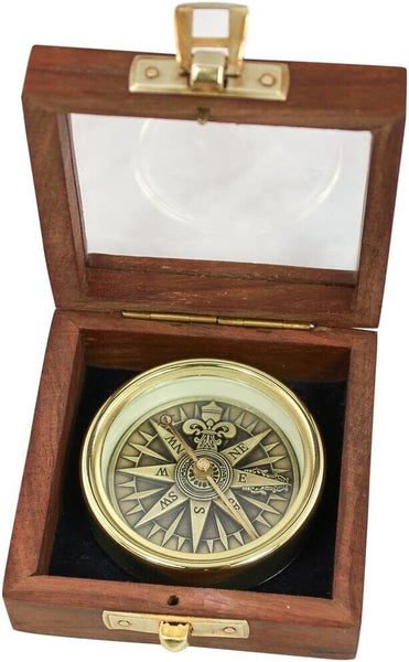 Brújula de mesa 3D, brújula en caja de madera con tapa de cristal 