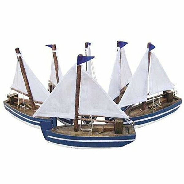 Set de 6 maquetas de barco/marinero/velero de madera con velas de tela