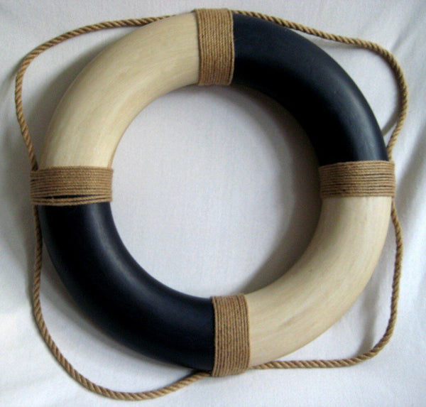 Decoración marítima - aro salvavidas grande - pintado de azul/crema con aspecto antiguo