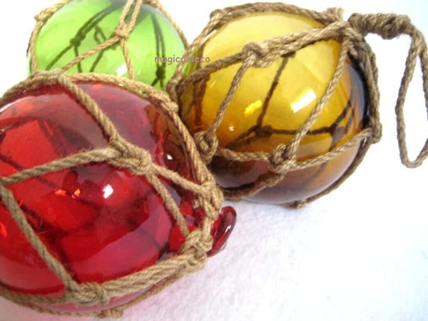 Lote de 3 - bolas de pesca en red - rojo, verde, ámbar - decoración marítima - 12,5 cm 