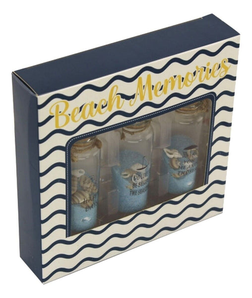 Juego de 3: botellas pequeñas con arena/conchas azules en una caja de regalo 