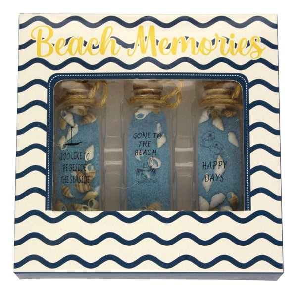 Juego de 3: botellas pequeñas con arena/conchas azules en una caja de regalo 
