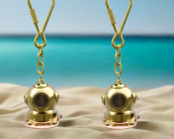 2X llavero campana de buceo - 41g latón macizo/cobre L 9 cm - mosquetón 