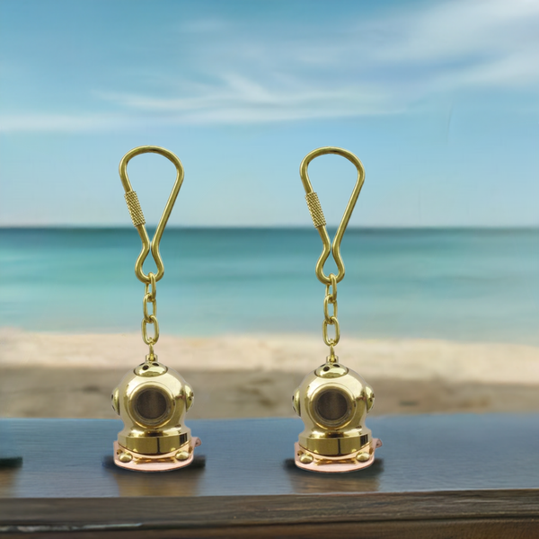 2X llavero campana de buceo - 41g latón macizo/cobre L 9 cm - mosquetón 