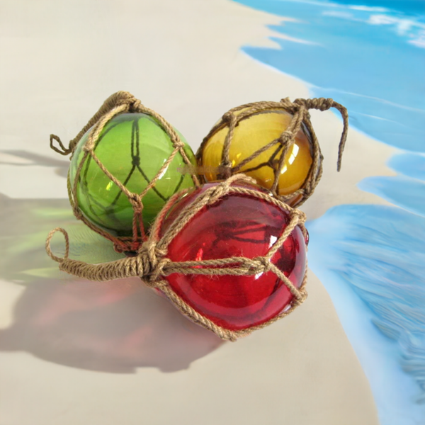 3 X Fischerkugel im Netz- rot, grün, ambere(braun)- Maritime Deko- 17,5 cm - maritime-deco