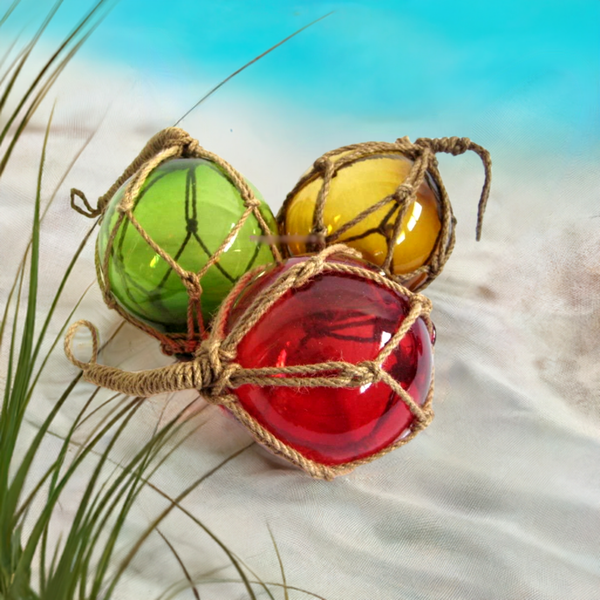 Lote de 3 - bolas de pesca en red - rojo, verde, ámbar - decoración marítima - 12,5 cm 