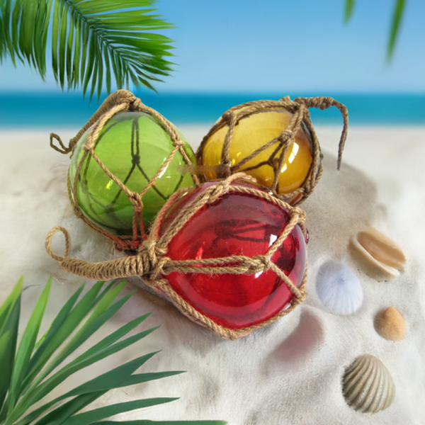 3 X Fischerkugel im Netz- rot, grün, ambere(braun)- Maritime Deko- 10 cm - maritime-deco
