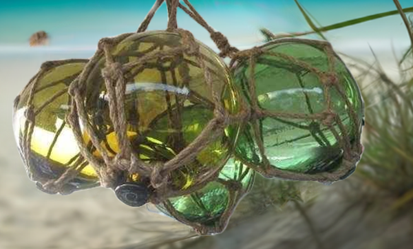 4 bolas de pescar en una red - verde y ámbar (marrón) 10 cm 