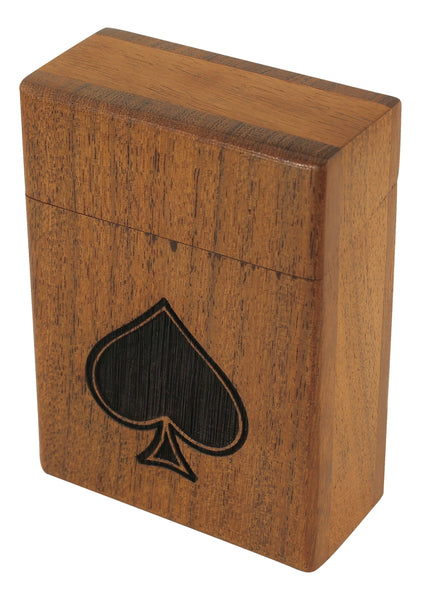 Baraja de cartas en una caja de madera con tapa con bisagras e incrustaciones de latón. 