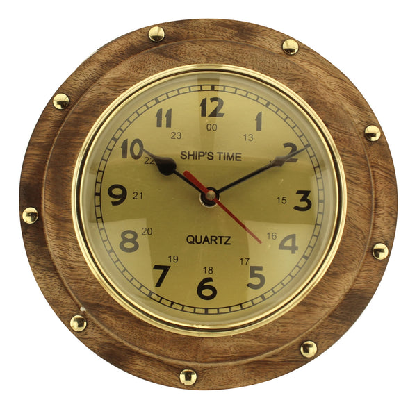 Reloj en forma de ojo de buey - madera/latón/vidrio - diámetro 23 cm 