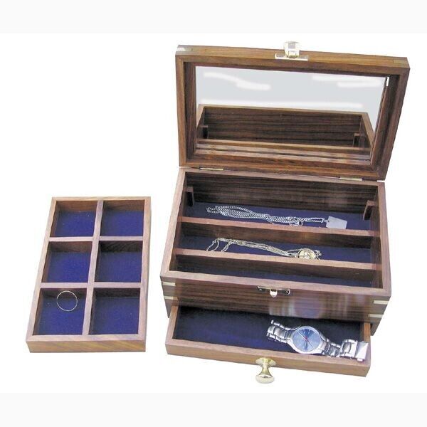 Joyero con espejo, cajón, compartimentos de madera con latón.