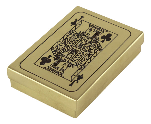 Baraja de cartas en una caja de madera con tapa con bisagras e incrustaciones de latón. 