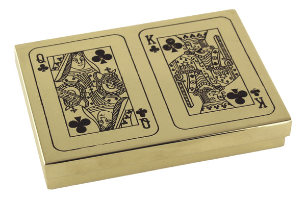 Baraja de cartas en una caja de madera con tapa con bisagras e incrustaciones de latón. 