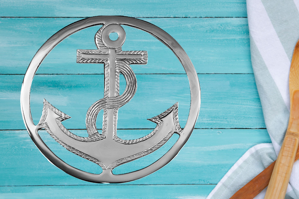 Posavasos marítimo de latón niquelado - motivo ancla - 19 cm 