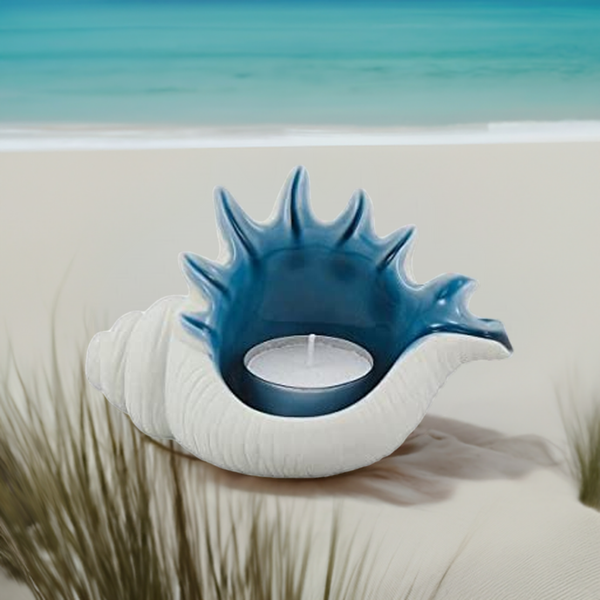 2X Teelichthalter - aquafarben- glasiert- Muschel - maritime-deco