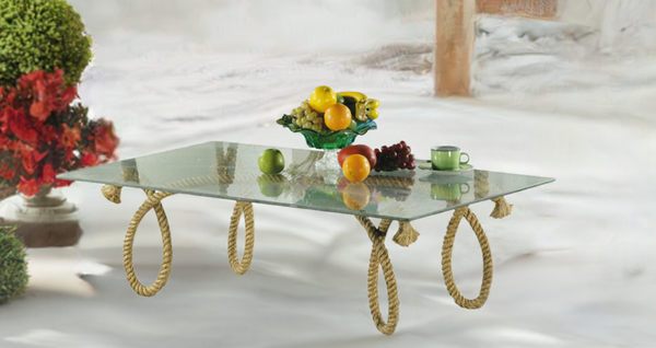 Mesa auxiliar con tapa de cristal y base de cuerda de cáñamo retorcida a mano - náutica - diseño macizo 