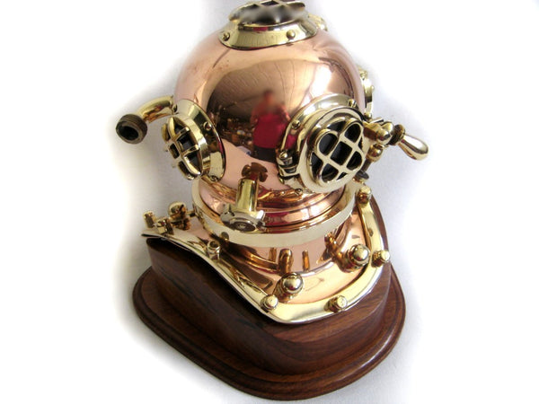 Casco de buceo macizo sobre madera, cobre y latón, marinero, náutica, 27 cm, campana de buceo