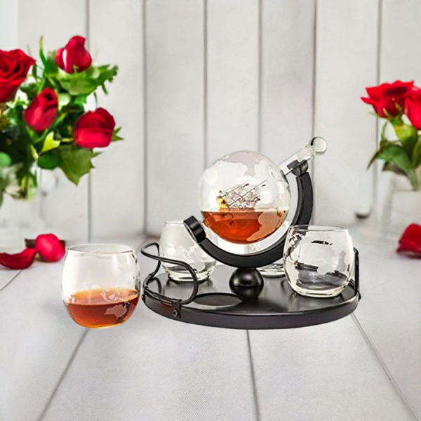 Barco en botella - jarra en forma de globo - mapamundi + 4 vasos - soporte de madera