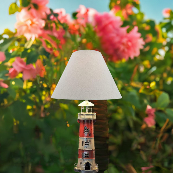 Lámpara de mesa con pantalla de tela - marítima - metal - shabby - roja - faro 