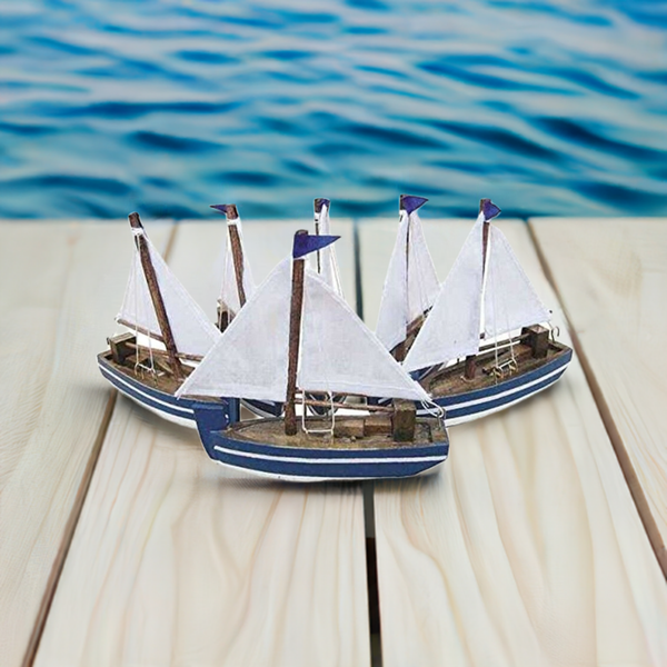 Set de 6 maquetas de barco/marinero/velero de madera con velas de tela
