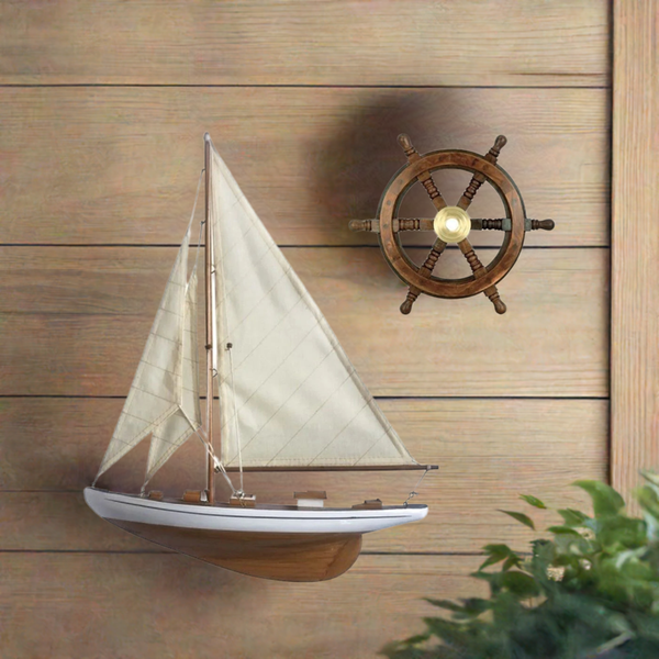 53 cm Wandmontage Rumpf Halbmodell und Steuerrad 30 cm- Schiffsmodell Segelyacht