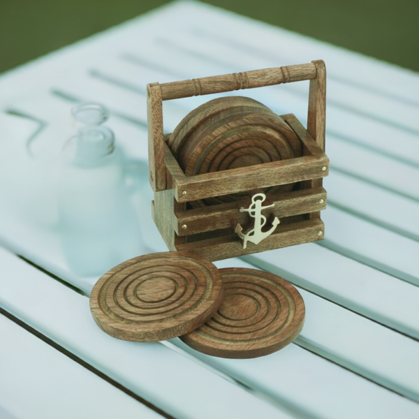 6 posavasos para botellas en una cesta - madera/latón 