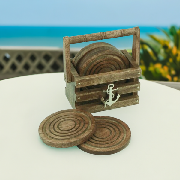 6 posavasos para botellas en una cesta - madera/latón 