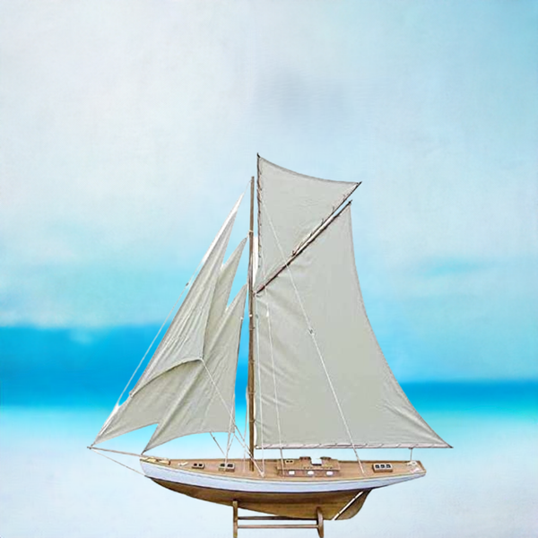 135 cm-Große, dekorative Yacht, Segelschiff, Schiffsmodell Segelyacht aus Holz mit Leinensegel - maritime-deco