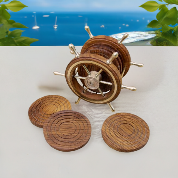 6 posavasos con soporte en forma de volante - madera/latón 