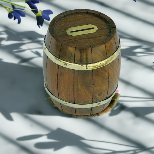 Barril de hucha original - barril de madera - latón y madera - rústico 