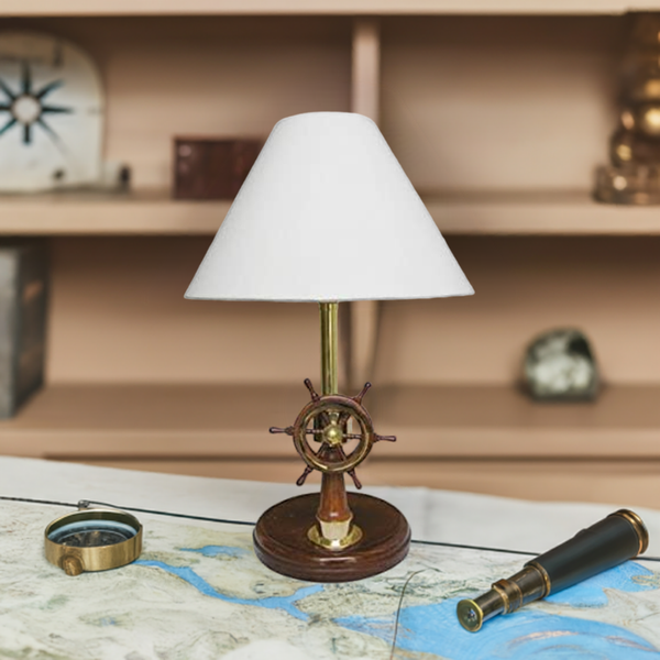 Lámpara de mesa - luz para barco - H 55 cm - eléctrica - marítima - madera/latón - pantalla de tela - puesto de gobierno 