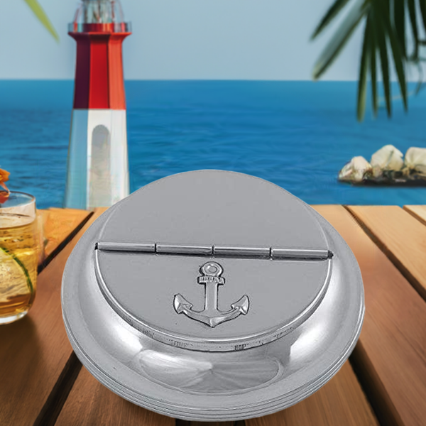 maritimer Aschenbecher - Messing, vernickelt - mit Ankermotiv auf Deckel - maritime-deco