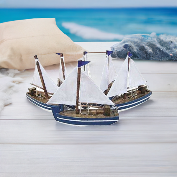 Set de 6 maquetas de barco/marinero/velero de madera con velas de tela