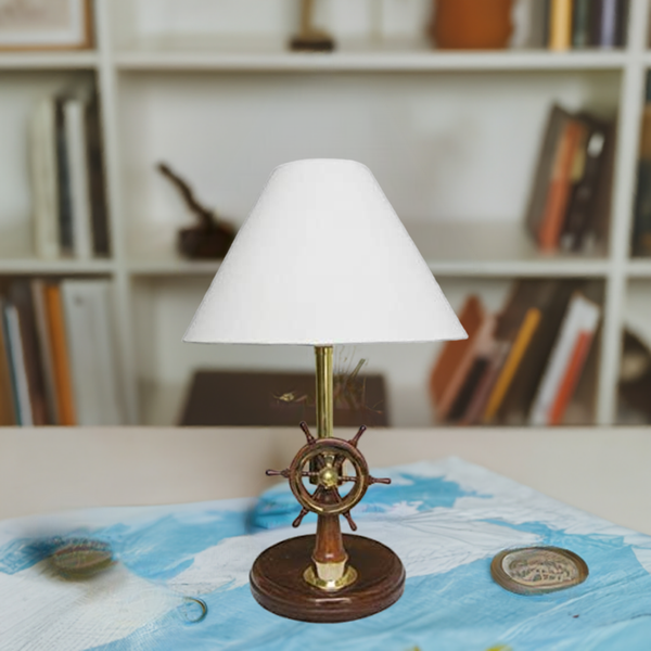 Lámpara de mesa - luz para barco - H 55 cm - eléctrica - marítima - madera/latón - pantalla de tela - puesto de gobierno 