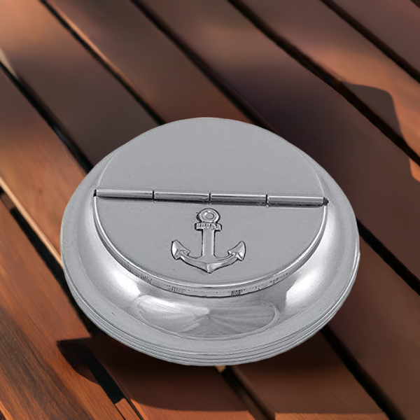 maritimer Aschenbecher - Messing, vernickelt - mit Ankermotiv auf Deckel - maritime-deco
