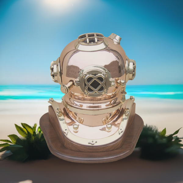 Massiver Taucherhelm auf Holz- Kupfer und Messing- Seefahrt- Nautik 34 cm- Taucherglocke