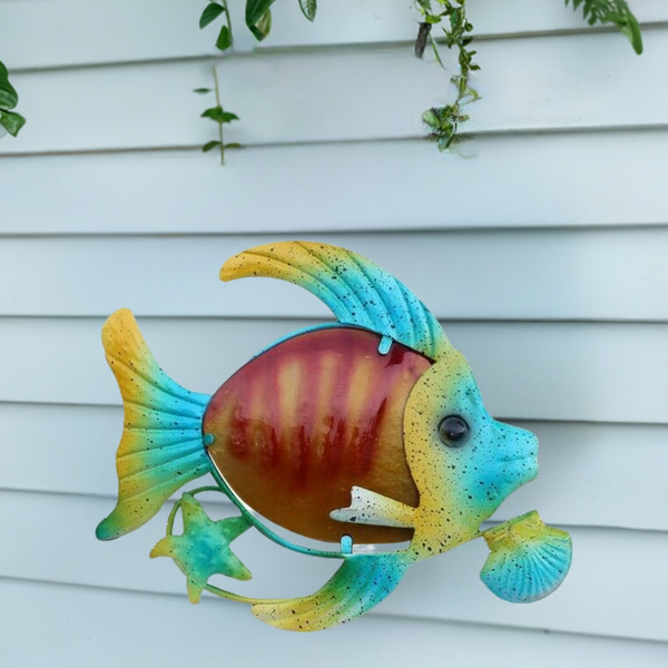 Cuadro de pared/colgador de metal y vidrio - pintado - 23 cm - pez 