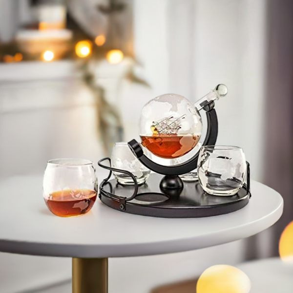 Barco en botella - jarra en forma de globo - mapamundi + 4 vasos - soporte de madera