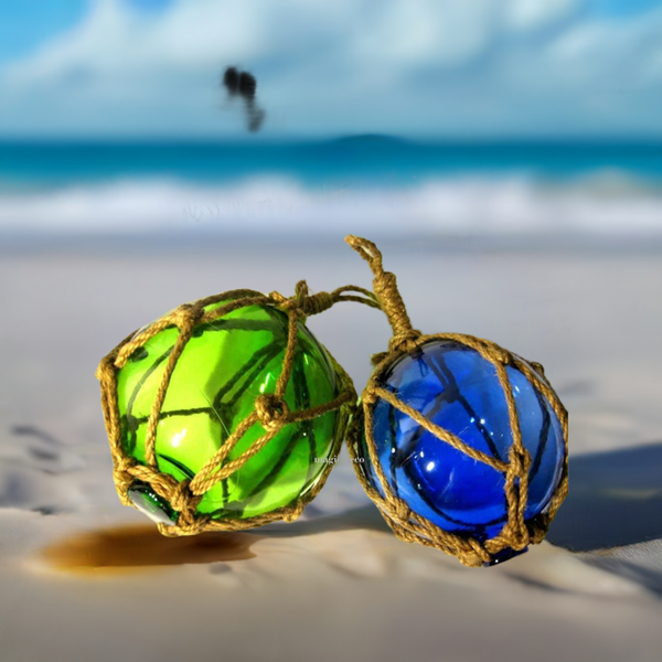 2 x bolas de pesca en red - azul y verde - decoración marítima - 17,5 cm 
